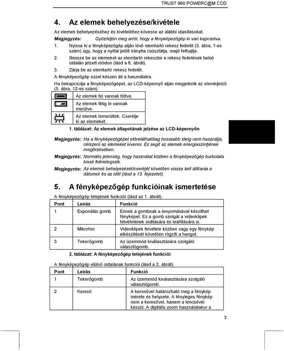 Illessze be az elemeket az elemtartó rekeszbe a rekesz fedelének belső oldalán jelzett módon (lásd a 6. ábrát). 3. Zárja be az elemtartó rekesz fedelét. A fényképezőgép ezzel készen áll a használatra.