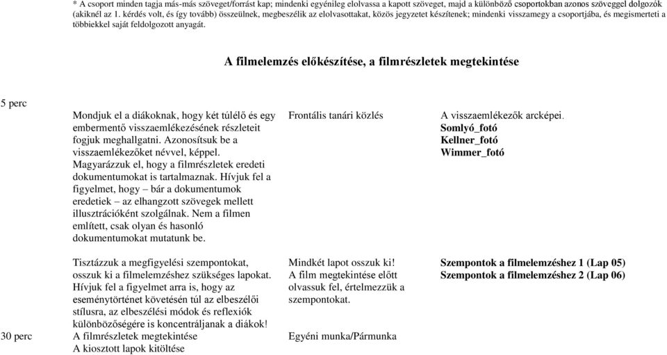 A filmelemzés előkészítése, a filmrészletek megtekintése 5 perc Mondjuk el a diákoknak, hogy két túlélő és egy embermentő visszaemlékezésének részleteit fogjuk meghallgatni.