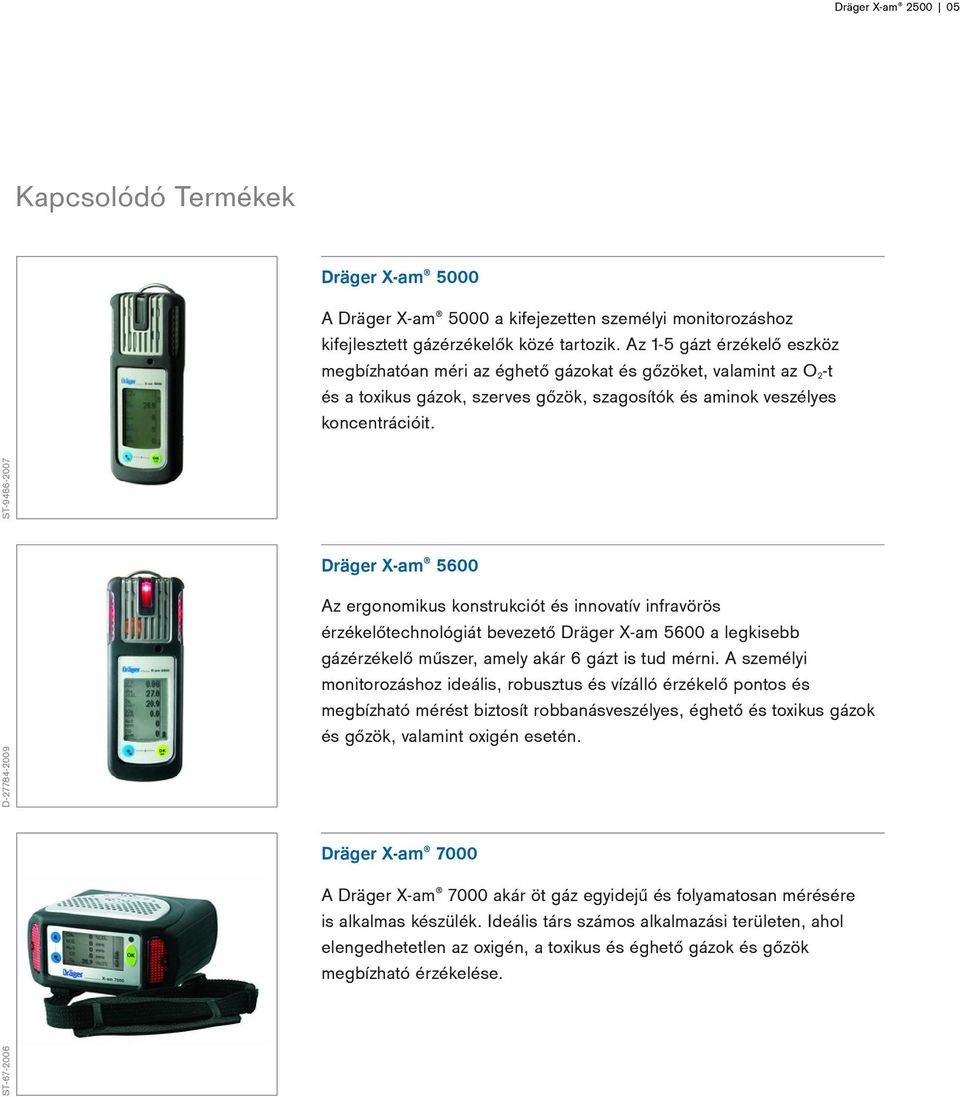 D-27784-2009 ST-9466-2007 Dräger X-am 5600 Az ergonomikus konstrukciót és innovatív infravörös érzékelőtechnológiát bevezető Dräger X-am 5600 a legkisebb gázérzékelő műszer, amely akár 6 gázt is tud