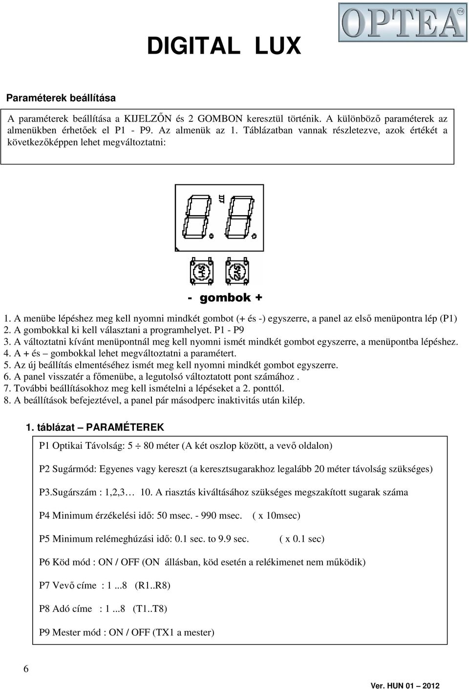 A menübe lépéshez meg kell nyomni mindkét gombot (+ és -) egyszerre, a panel az elsı menüpontra lép (P1) 2. A gombokkal ki kell választani a programhelyet. P1 - P9 3.