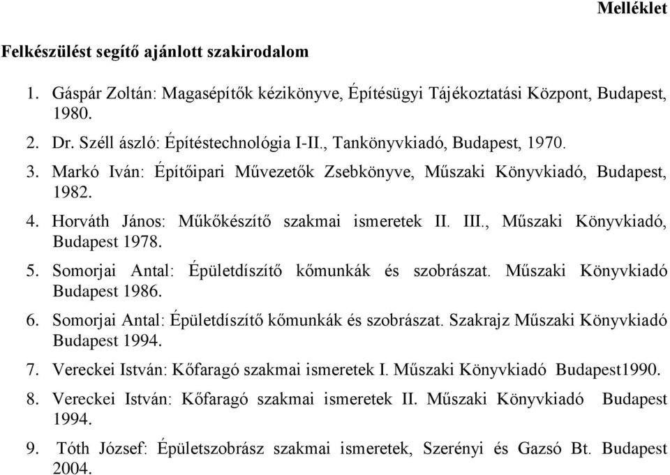 , Műszaki Könyvkiadó, Budapest 1978. 5. Somorjai Antal: Épületdíszítő kőmunkák és szobrászat. Műszaki Könyvkiadó Budapest 1986. 6. Somorjai Antal: Épületdíszítő kőmunkák és szobrászat. Szakrajz Műszaki Könyvkiadó Budapest 1994.