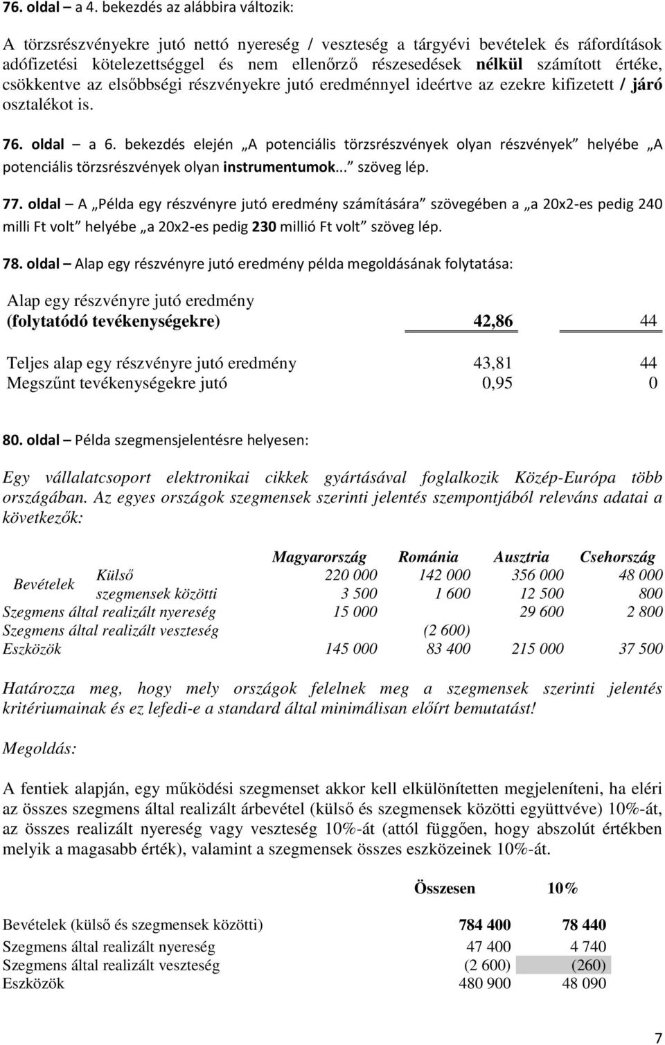 értéke, csökkentve az elsőbbségi részvényekre jutó eredménnyel ideértve az ezekre kifizetett / járó osztalékot is. 76. oldal a 6.