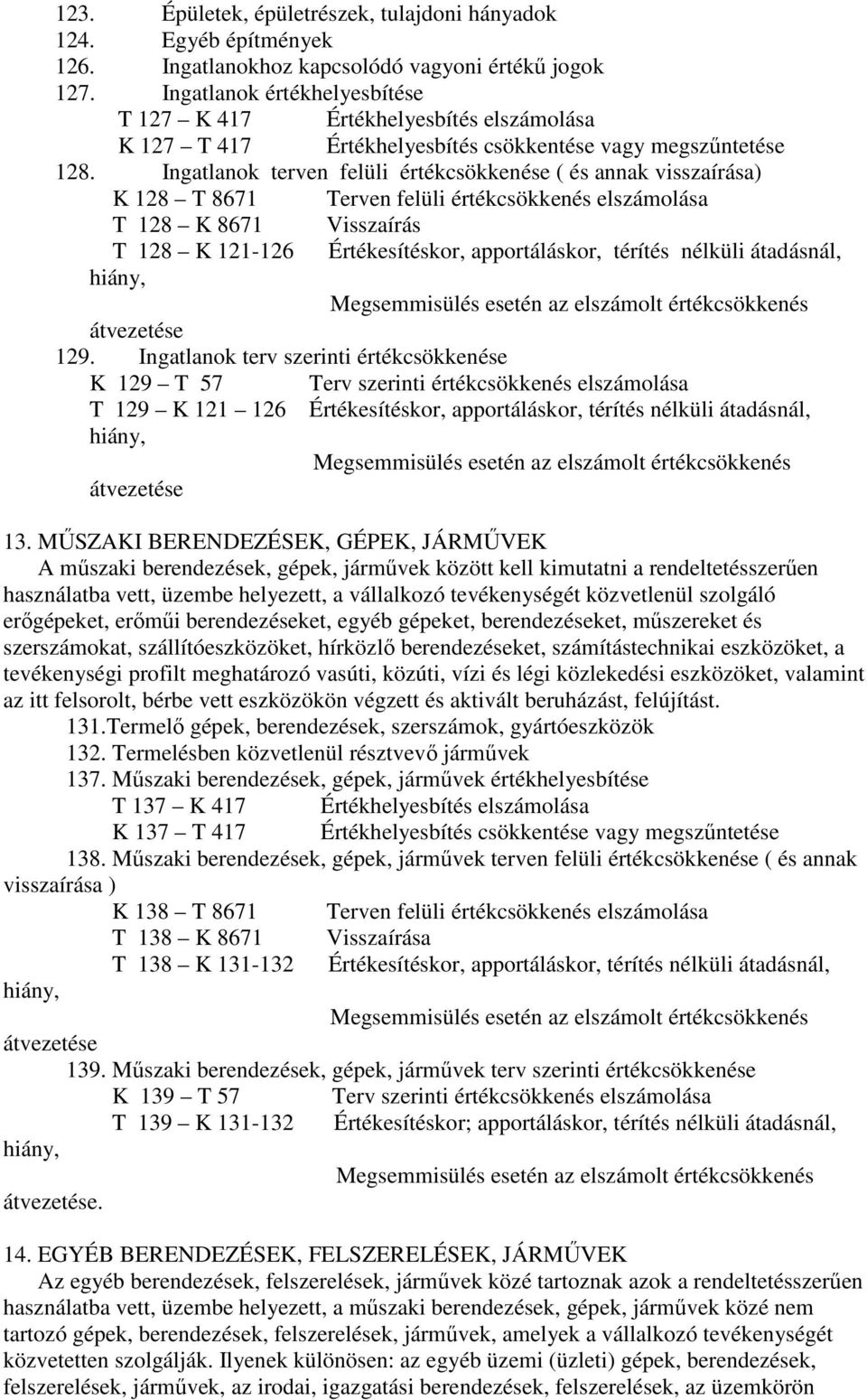 Ingatlanok terven felüli értékcsökkenése ( és annak visszaírása) K 128 T 8671 Terven felüli értékcsökkenés elszámolása T 128 K 8671 Visszaírás T 128 K 121-126 Értékesítéskor, apportáláskor, térítés