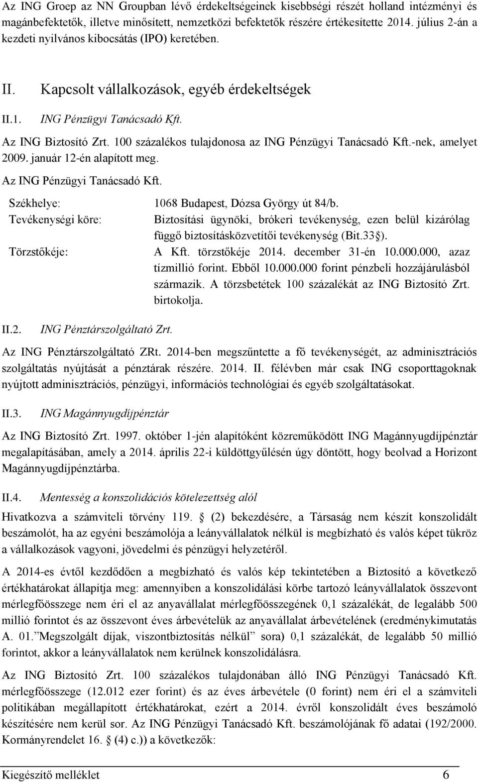 100 százalékos tulajdonosa az ING Pénzügyi Tanácsadó Kft.-nek, amelyet 2009. január 12-én alapított meg. Az ING Pénzügyi Tanácsadó Kft. Székhelye: Tevékenységi köre: Törzstőkéje: II.2. ING Pénztárszolgáltató Zrt.