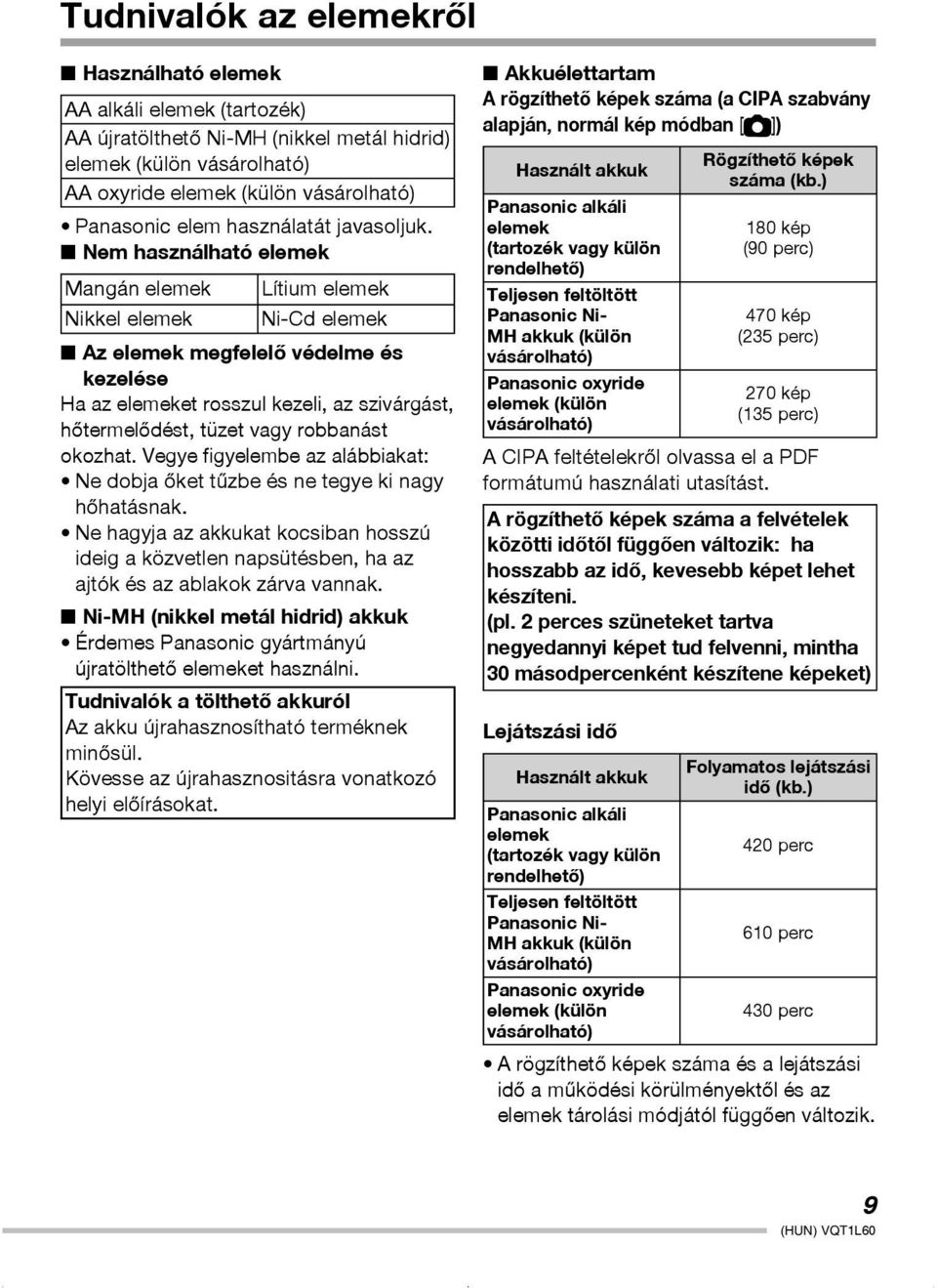 Nem használható elemek Mangán elemek Lítium elemek Nikkel elemek Ni-Cd elemek Az elemek megfelelõ védelme és kezelése Ha az elemeket rosszul kezeli, az szivárgást, hõtermelõdést, tüzet vagy robbanást