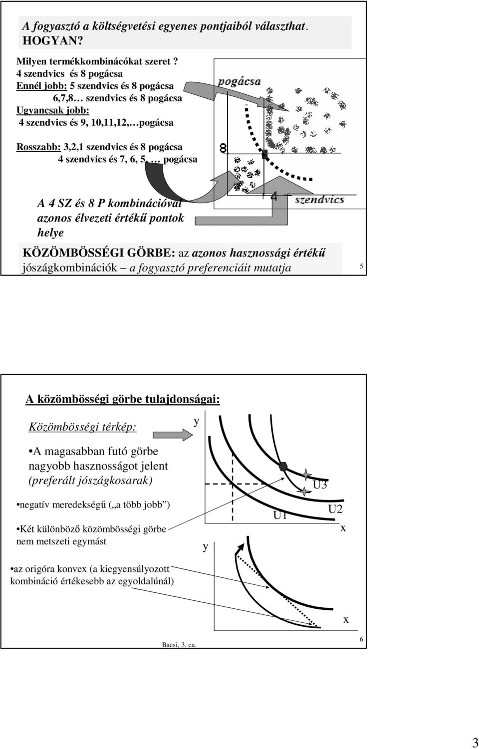 7, 6, 5, pogácsa A 4 SZ és 8 P kombinációval azonos élvezeti értékő pontok hele KÖZÖMBÖSSÉGI GÖRBE: az azonos hasznossági értékő jószágkombinációk a fogasztó preferenciáit mutatja 5 A