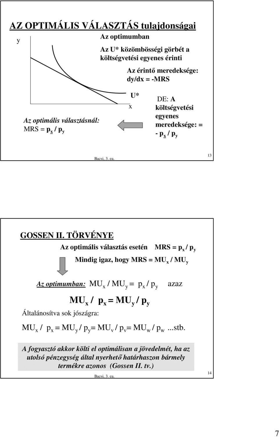 TÖRVÉNYE Az optimális választás esetén MRS = p / p Mindig igaz, hog MRS = MU / MU Az optimumban: MU / MU = p / p azaz Általánosítva sok jószágra: MU /