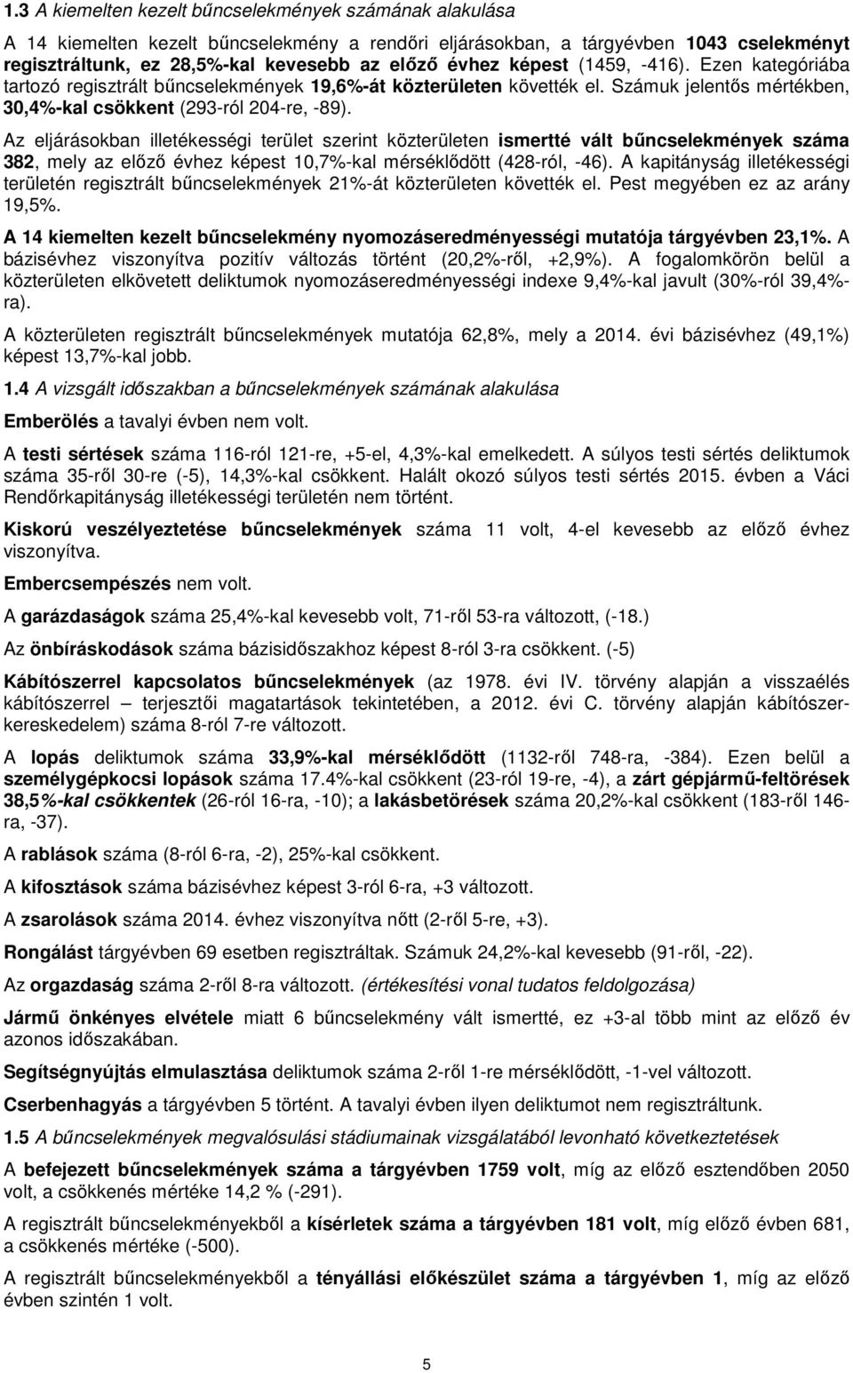 Az eljárásokban illetékességi terület szerint közterületen ismertté vált bűncselekmények száma 382, mely az előző évhez képest 10,7%-kal mérséklődött (428-ról, -46).