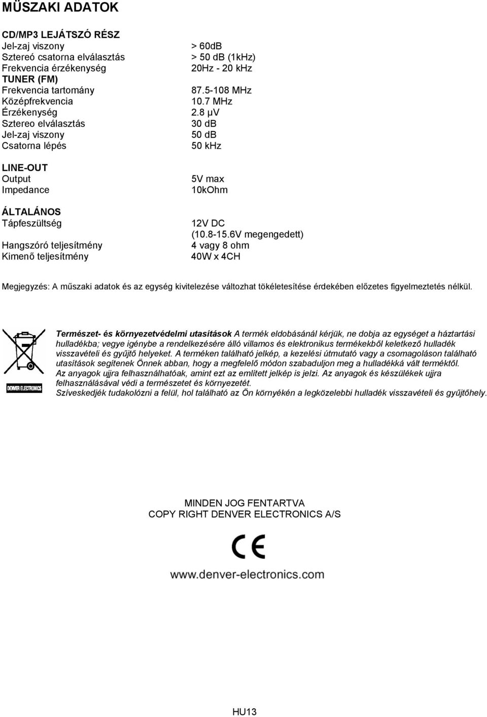 8 µv Sztereo elválasztás 30 db Jel-zaj viszony 50 db Csatorna lépés 50 khz LINE-OUT Output Impedance ÁLTALÁNOS Tápfeszültség Hangszóró teljesítmény Kimenő teljesítmény 5V max 10kOhm 12V DC (10.8-15.