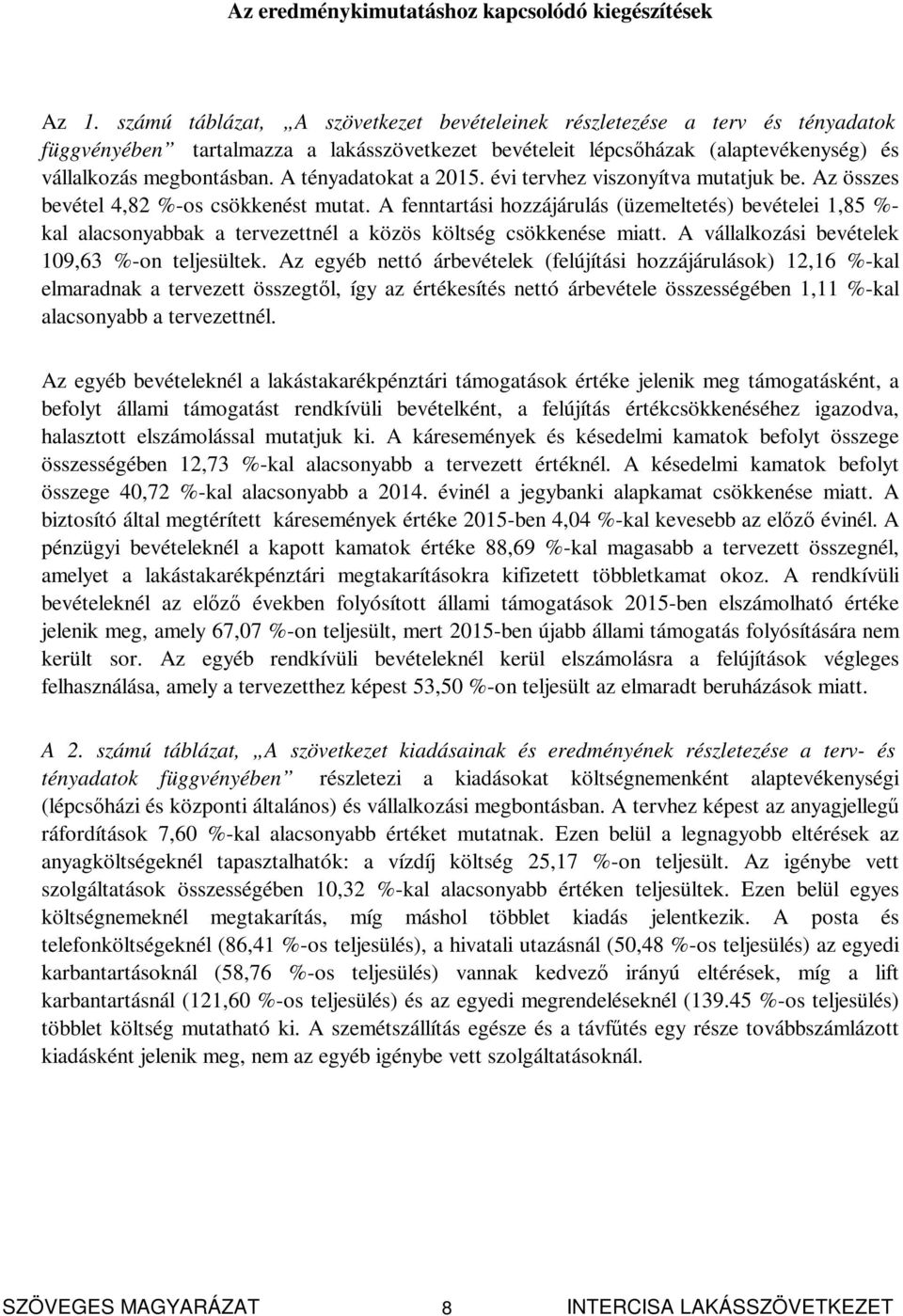 A tényadatokat a 2015. évi tervhez viszonyítva mutatjuk be. Az összes bevétel 4,82 %-os csökkenést mutat.