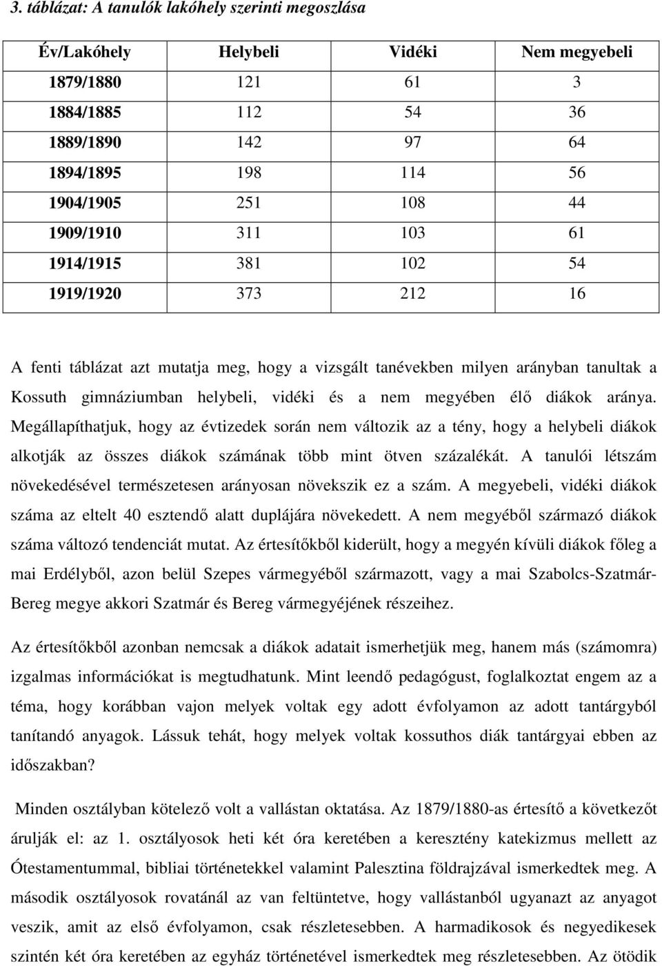 megyében élı diákok aránya. Megállapíthatjuk, hogy az évtizedek során nem változik az a tény, hogy a helybeli diákok alkotják az összes diákok számának több mint ötven százalékát.