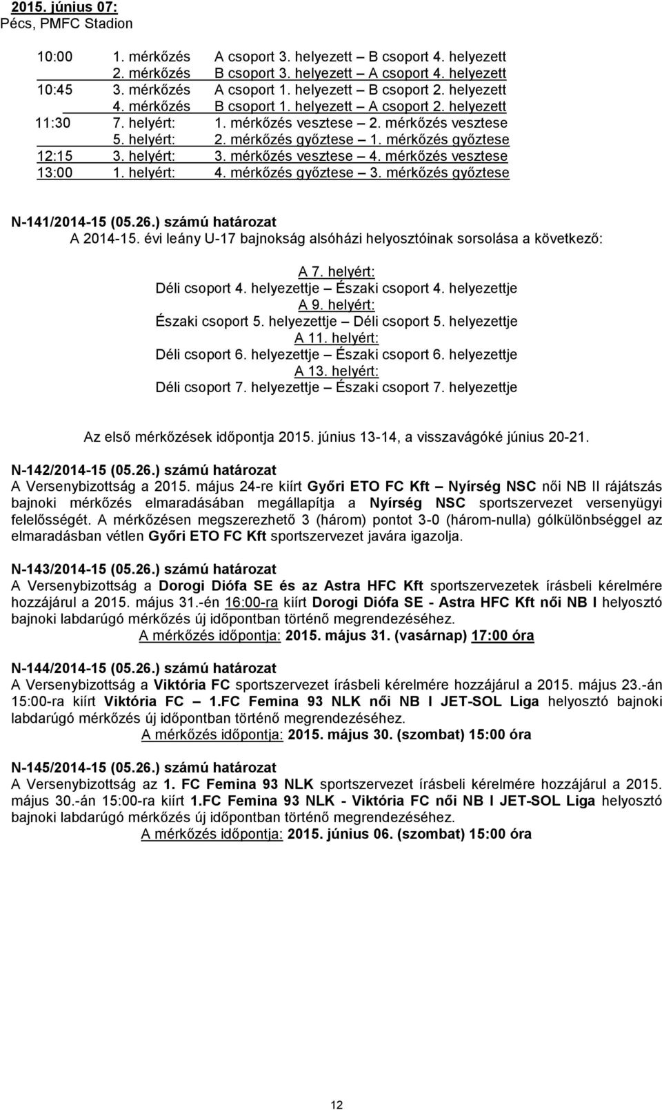 mérkőzés győztese 12:15 3. helyért: 3. mérkőzés vesztese 4. mérkőzés vesztese 13:00 1. helyért: 4. mérkőzés győztese 3. mérkőzés győztese N-141/2014-15 (05.26.) számú határozat A 2014-15.