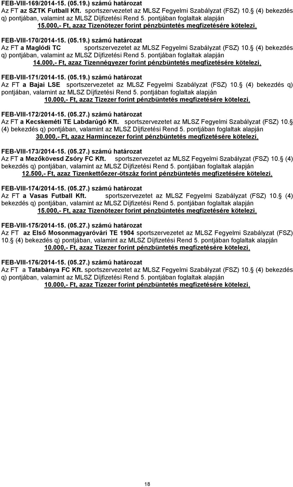 ) számú határozat Az FT a Maglódi TC sportszervezetet az MLSZ Fegyelmi Szabályzat (FSZ) 10. (4) bekezdés q) pontjában, valamint az MLSZ Díjfizetési Rend 5. pontjában foglaltak alapján 14.
