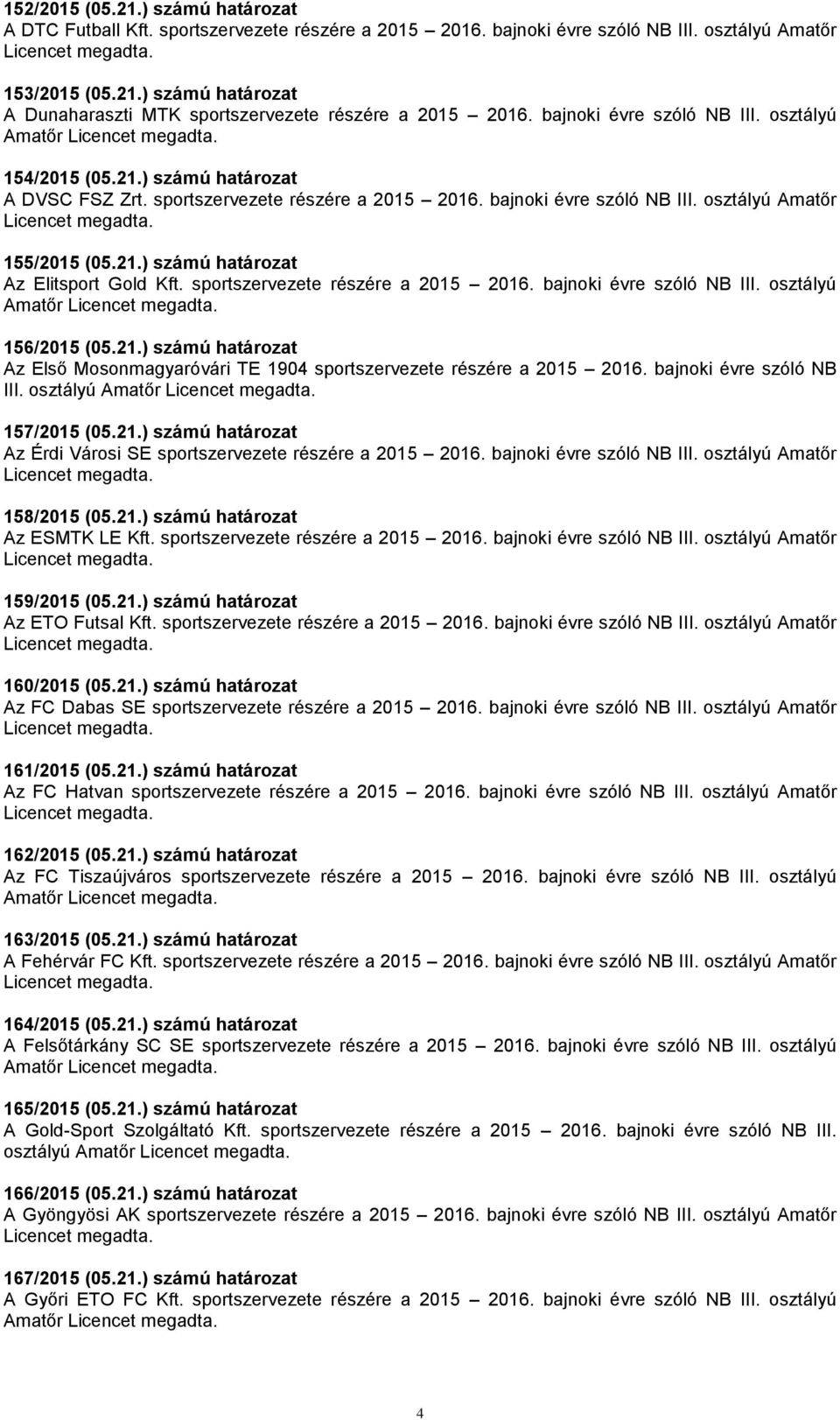 sportszervezete részére a 2015 2016. bajnoki évre szóló NB III. osztályú Amatőr 156/2015 (05.21.) számú határozat Az Első Mosonmagyaróvári TE 1904 sportszervezete részére a 2015 2016.