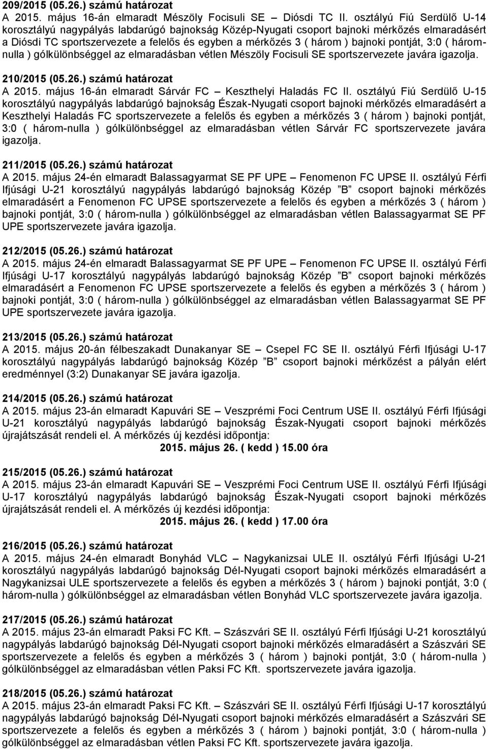 pontját, 3:0 ( háromnulla ) gólkülönbséggel az elmaradásban vétlen Mészöly Focisuli SE sportszervezete javára igazolja. 210/2015 (05.26.) számú határozat A 2015.