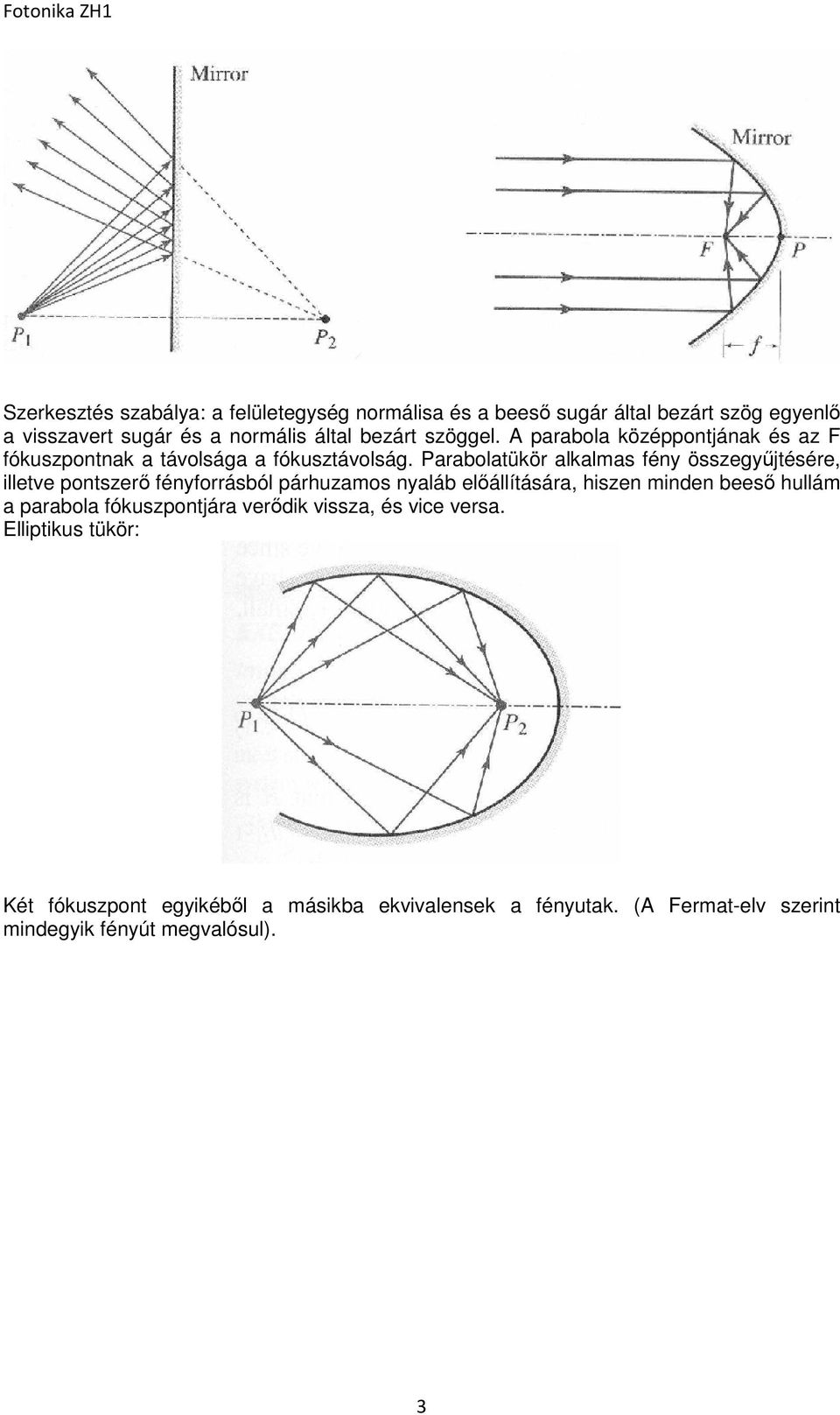 Parabolatükör alkalmas fény összegyűjtésére, illetve pontszerő fényforrásból párhuzamos nyaláb előállítására, hiszen minden beeső hullám