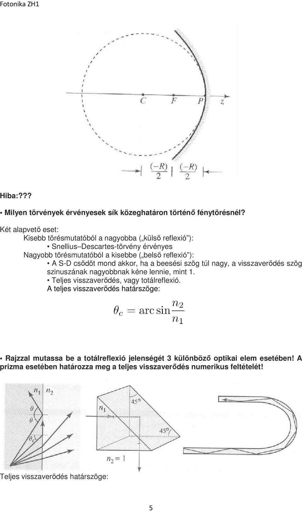 reflexió ): A S-D csődöt mond akkor, ha a beesési szög túl nagy, a visszaverődés szög szinuszának nagyobbnak kéne lennie, mint 1.