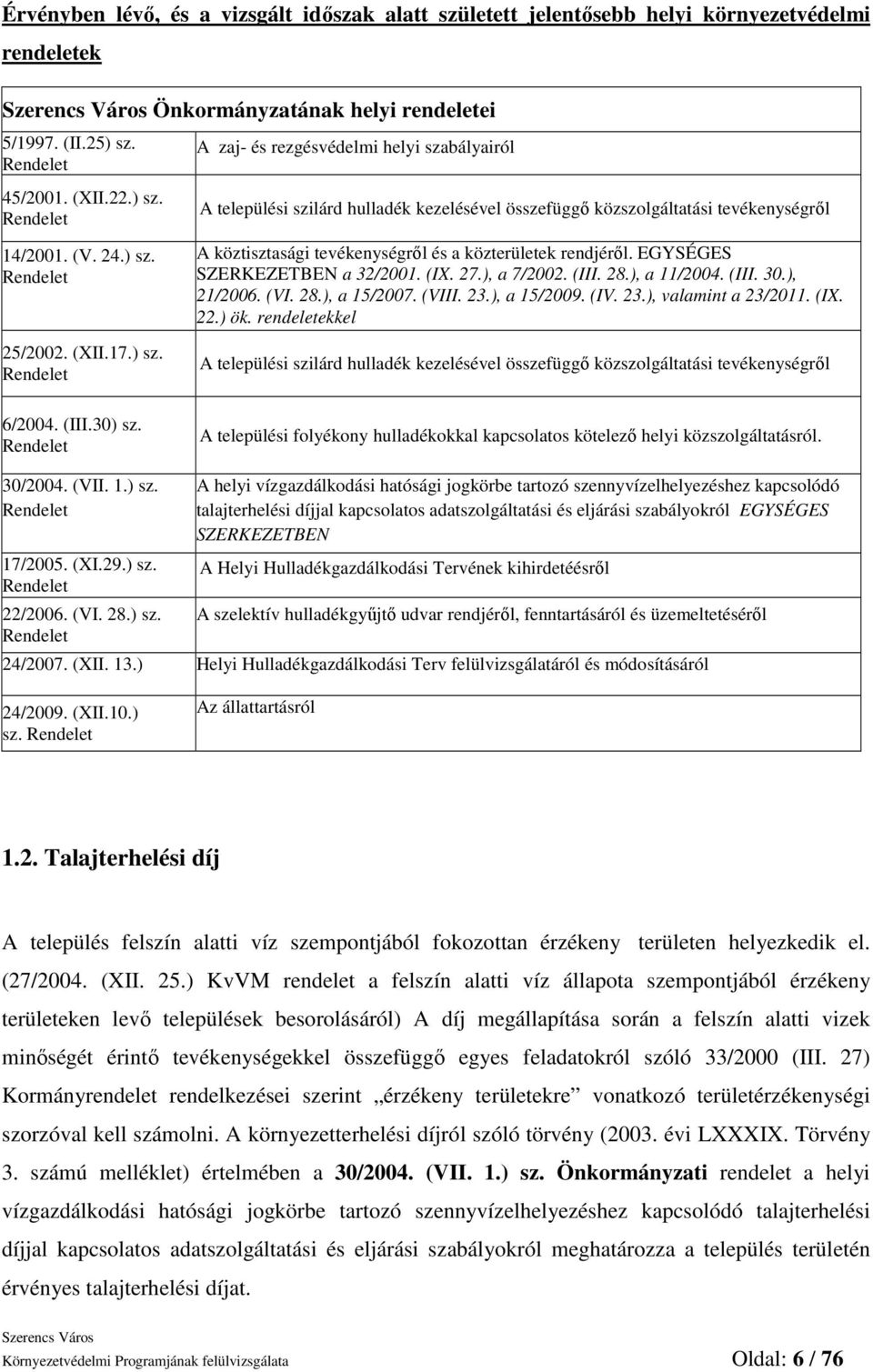 Rendelet A zaj- és rezgésvédelmi helyi szabályairól A települési szilárd hulladék kezelésével összefüggı közszolgáltatási tevékenységrıl A köztisztasági tevékenységrıl és a közterületek rendjérıl.