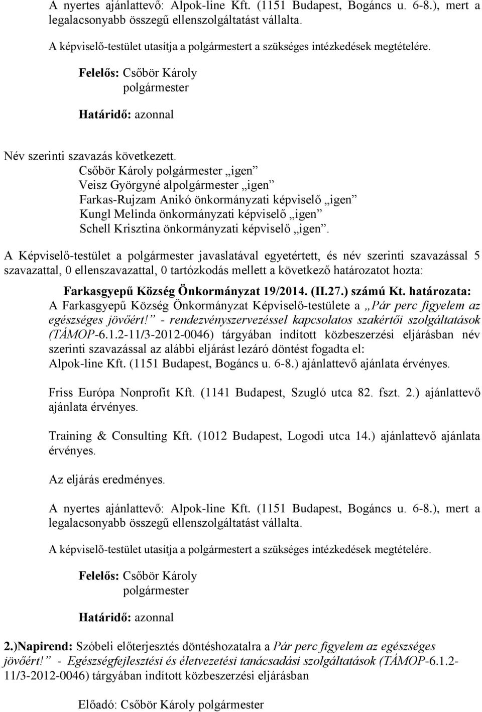 Csőbör Károly igen Veisz Györgyné al igen Farkas-Rujzam Anikó önkormányzati képviselő igen Kungl Melinda önkormányzati képviselő igen Schell Krisztina önkormányzati képviselő igen.