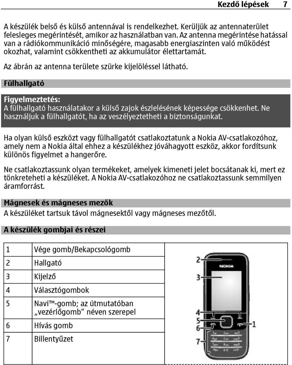 Az ábrán az antenna területe szürke kijelöléssel látható. Fülhallgató Figyelmeztetés: A fülhallgató használatakor a külső zajok észlelésének képessége csökkenhet.