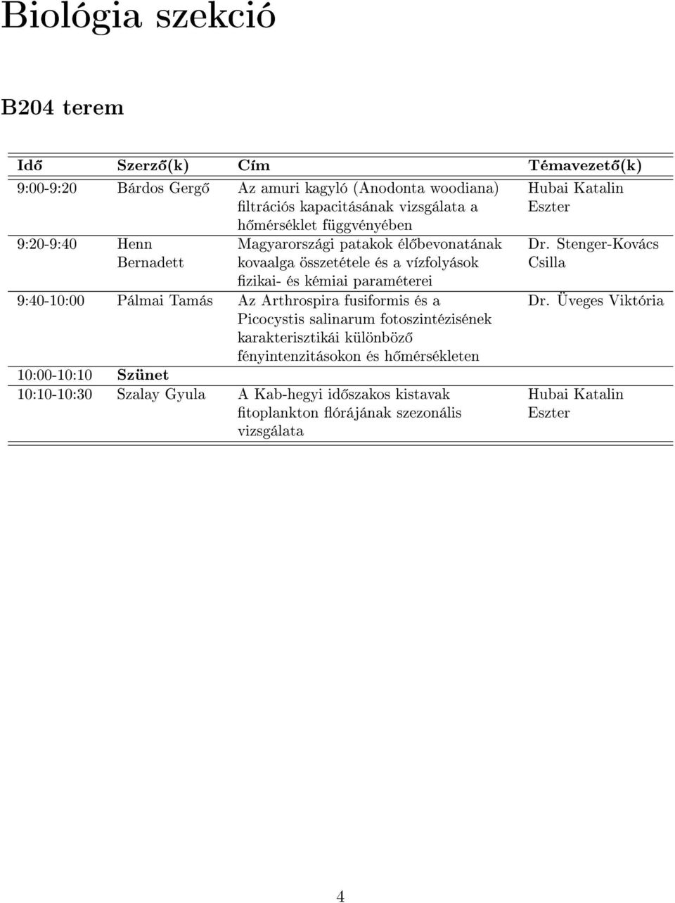 9:40-10:00 Pálmai Tamás Az Arthrospira fusiformis és a Picocystis salinarum fotoszintézisének karakterisztikái különböz fényintenzitásokon és h mérsékleten 10:00-10:10