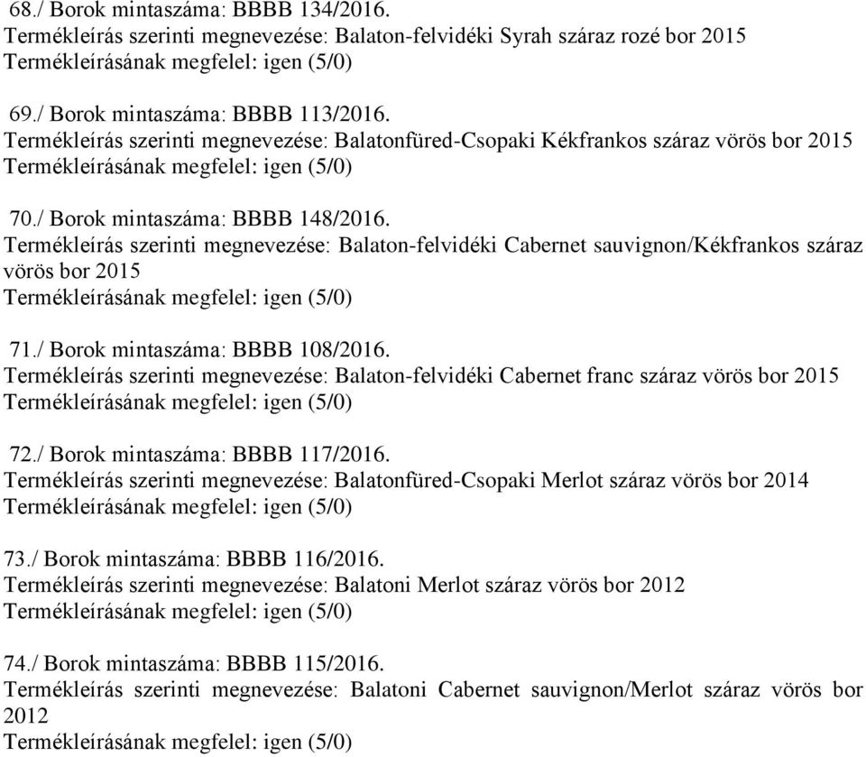 Termékleírás szerinti megnevezése: Balaton-felvidéki Cabernet sauvignon/kékfrankos száraz vörös bor 71./ Borok mintaszáma: BBBB 108/2016.