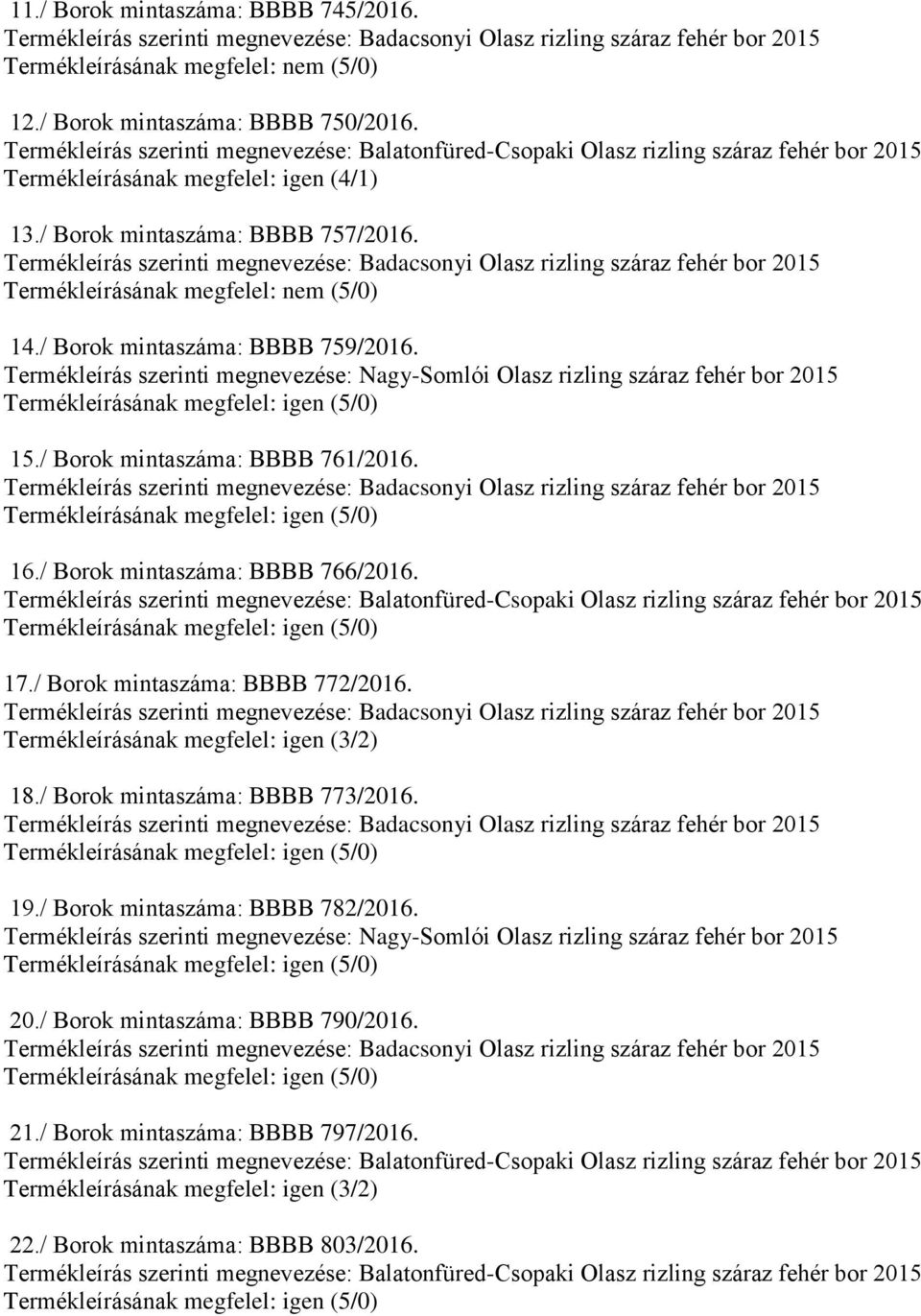 17./ Borok mintaszáma: BBBB 772/2016. 18./ Borok mintaszáma: BBBB 773/2016. 19./ Borok mintaszáma: BBBB 782/2016.