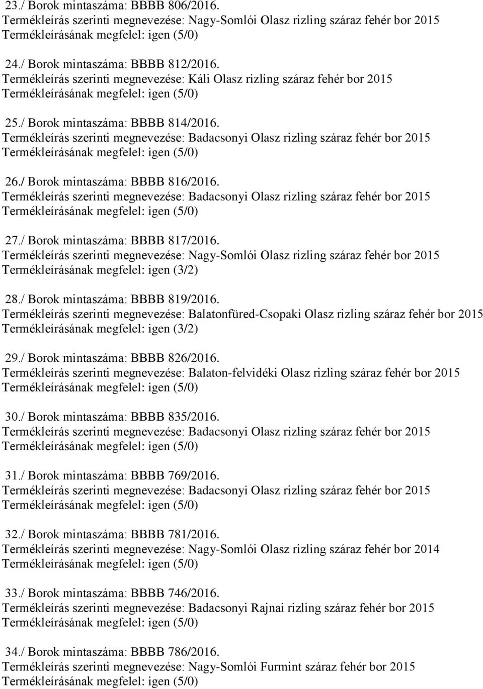 Termékleírás szerinti megnevezése: Nagy-Somlói Olasz rizling száraz fehér bor 28./ Borok mintaszáma: BBBB 819/2016. 29./ Borok mintaszáma: BBBB 826/2016.
