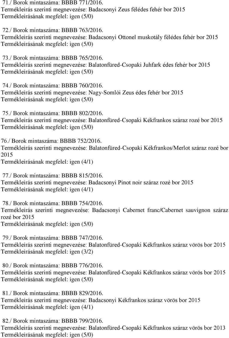 Termékleírás szerinti megnevezése: Balatonfüred-Csopaki Juhfark édes fehér bor 74./ Borok mintaszáma: BBBB 760/2016. Termékleírás szerinti megnevezése: Nagy-Somlói Zeus édes fehér bor 75.