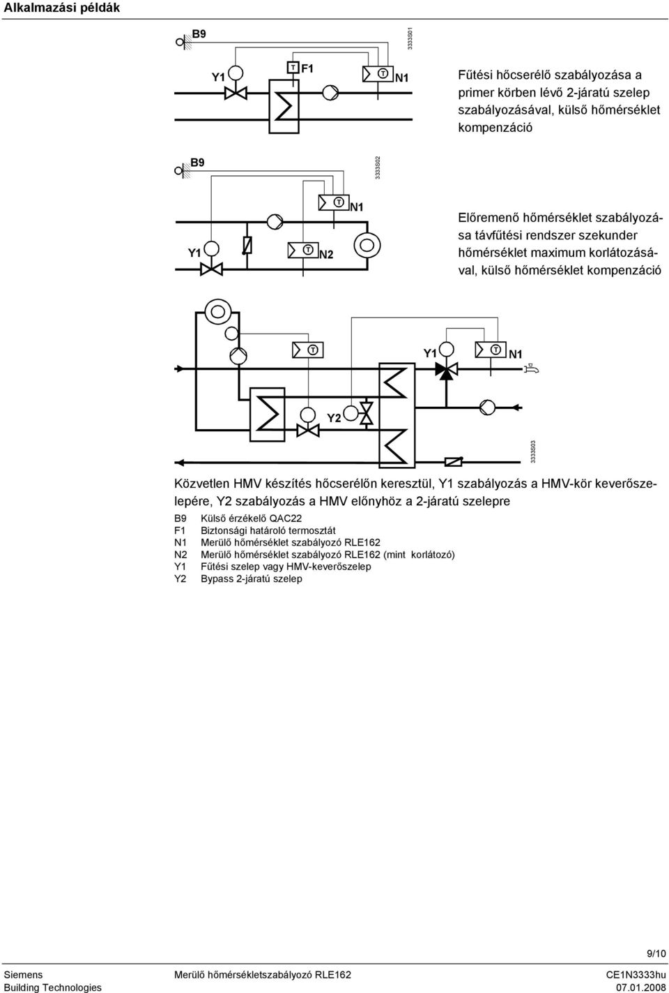 keresztül, szabályozás a HV-kör keverőszelepére, szabályozás a HV előnyhöz a 2-járatú szelepre F1 N2 Külső érzékelő QAC22 Biztonsági határoló termosztát erülő