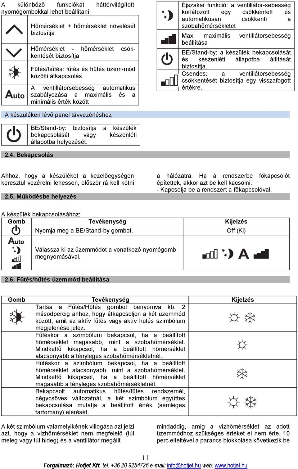 automatikusan csökkenti a szobahőmérsékletet Max. maximális ventillátorsebesség beállítása BE/Stand-by: a készülék bekapcsolását és készenléti állapotba állítását biztosítja.