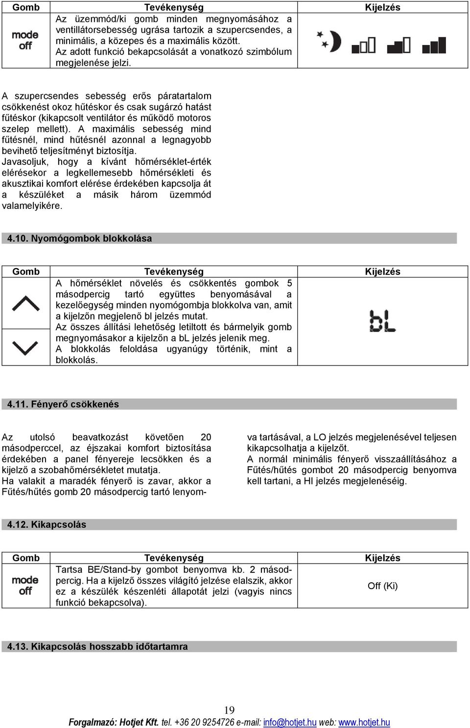 A szupercsendes sebesség erős páratartalom csökkenést okoz hűtéskor és csak sugárzó hatást fűtéskor (kikapcsolt ventilátor és működő motoros szelep mellett).