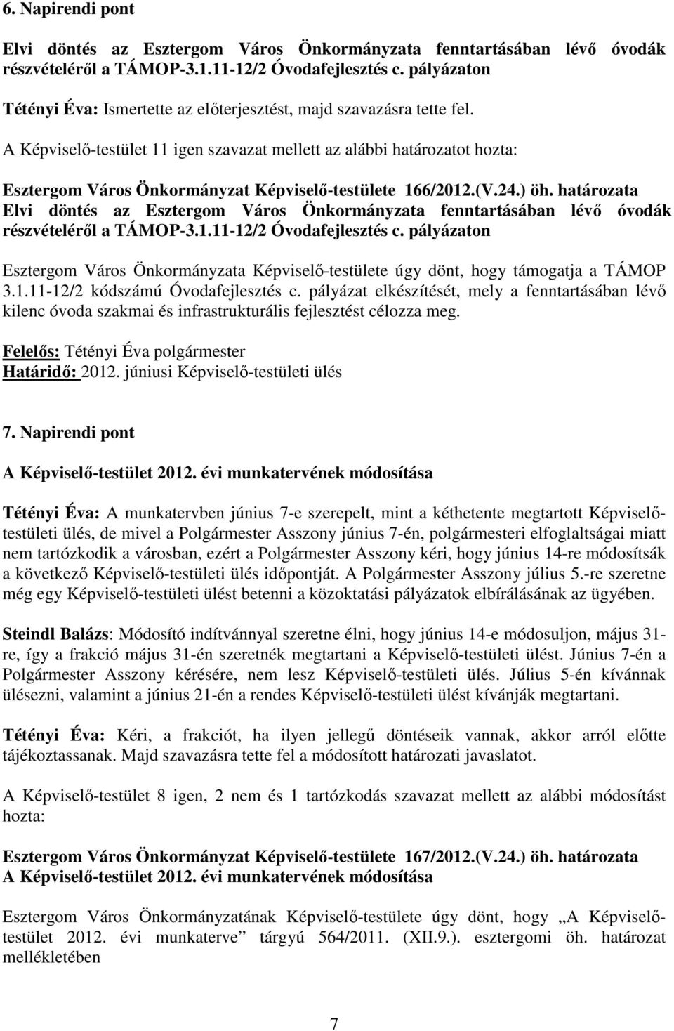 A Képviselı-testület 11 igen szavazat mellett az alábbi határozatot hozta: Esztergom Város Önkormányzat Képviselı-testülete 166/2012.(V.24.) öh.