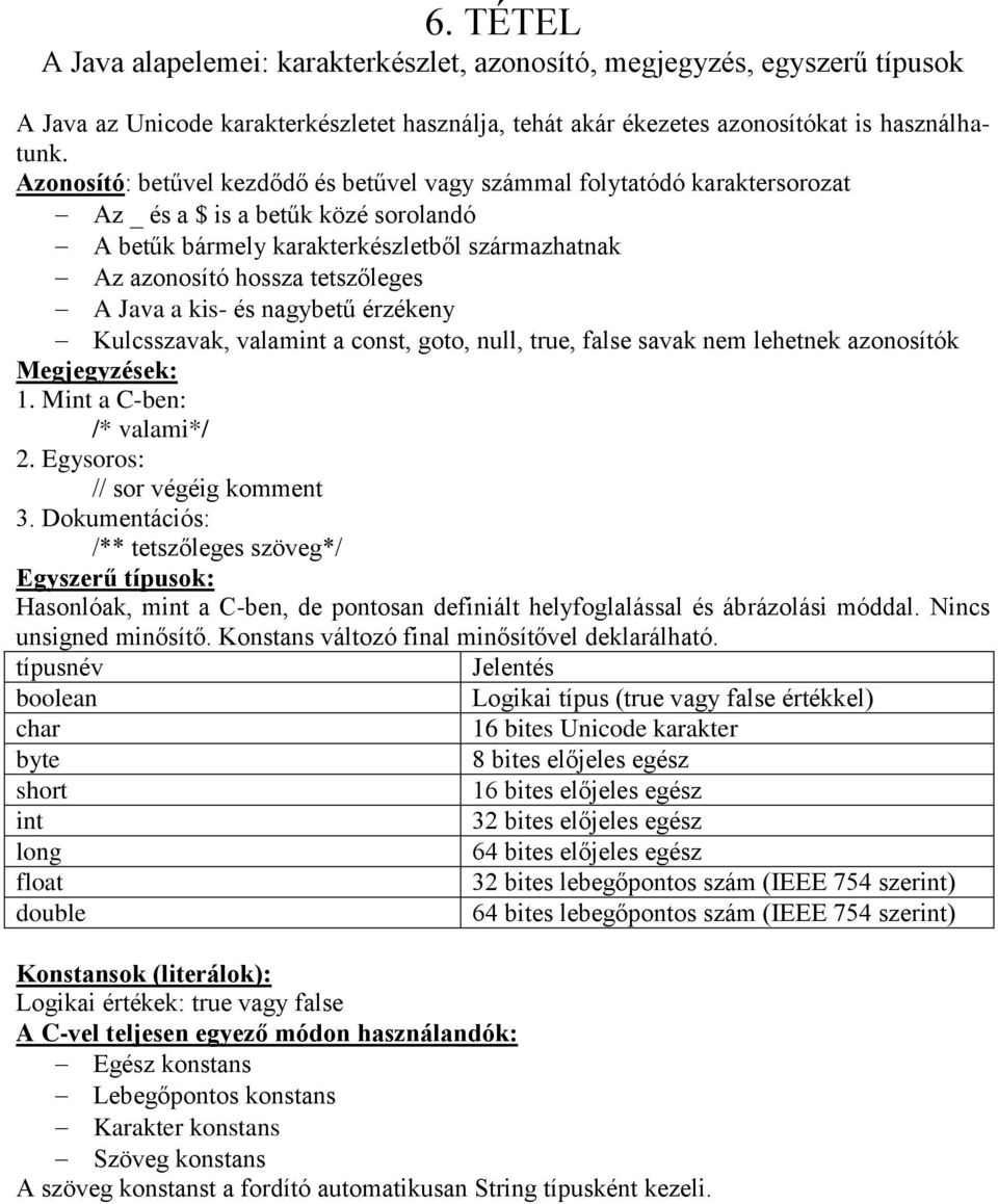 Java a kis- és nagybetű érzékeny Kulcsszavak, valamint a const, goto, null, true, false savak nem lehetnek azonosítók Megjegyzések: 1. Mint a C-ben: /* valami*/ 2. Egysoros: // sor végéig komment 3.