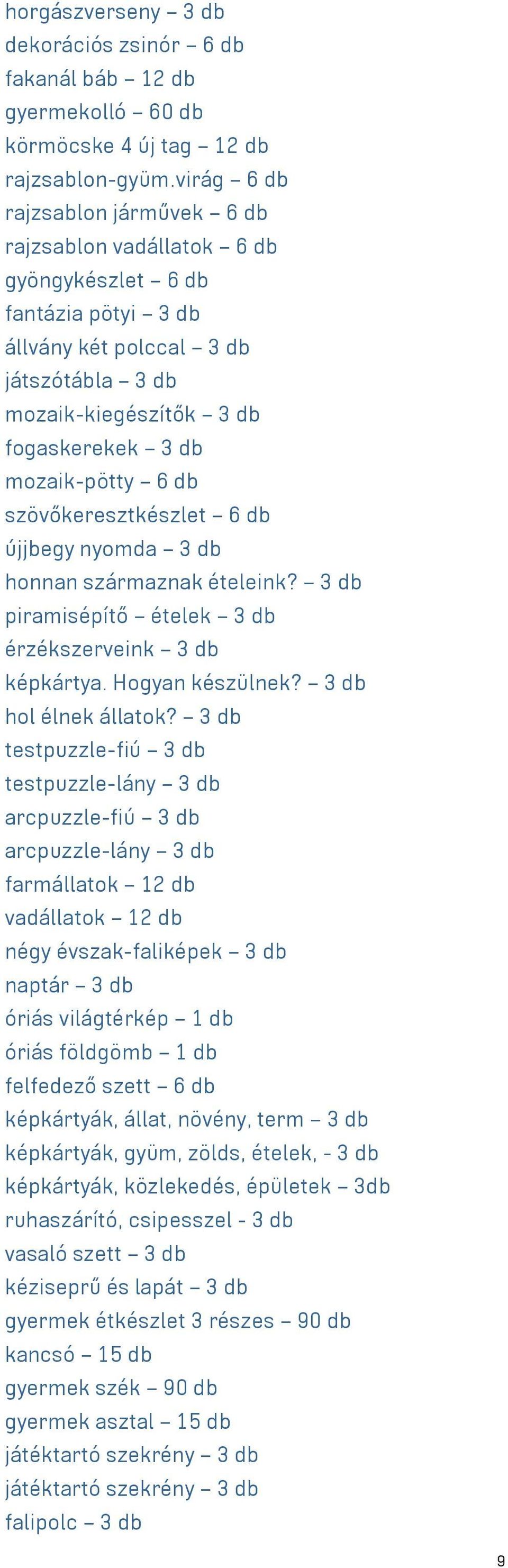 6 db szövőkeresztkészlet 6 db újjbegy nyomda 3 db honnan származnak ételeink? 3 db piramisépítő ételek 3 db érzékszerveink 3 db képkártya. Hogyan készülnek? 3 db hol élnek állatok?