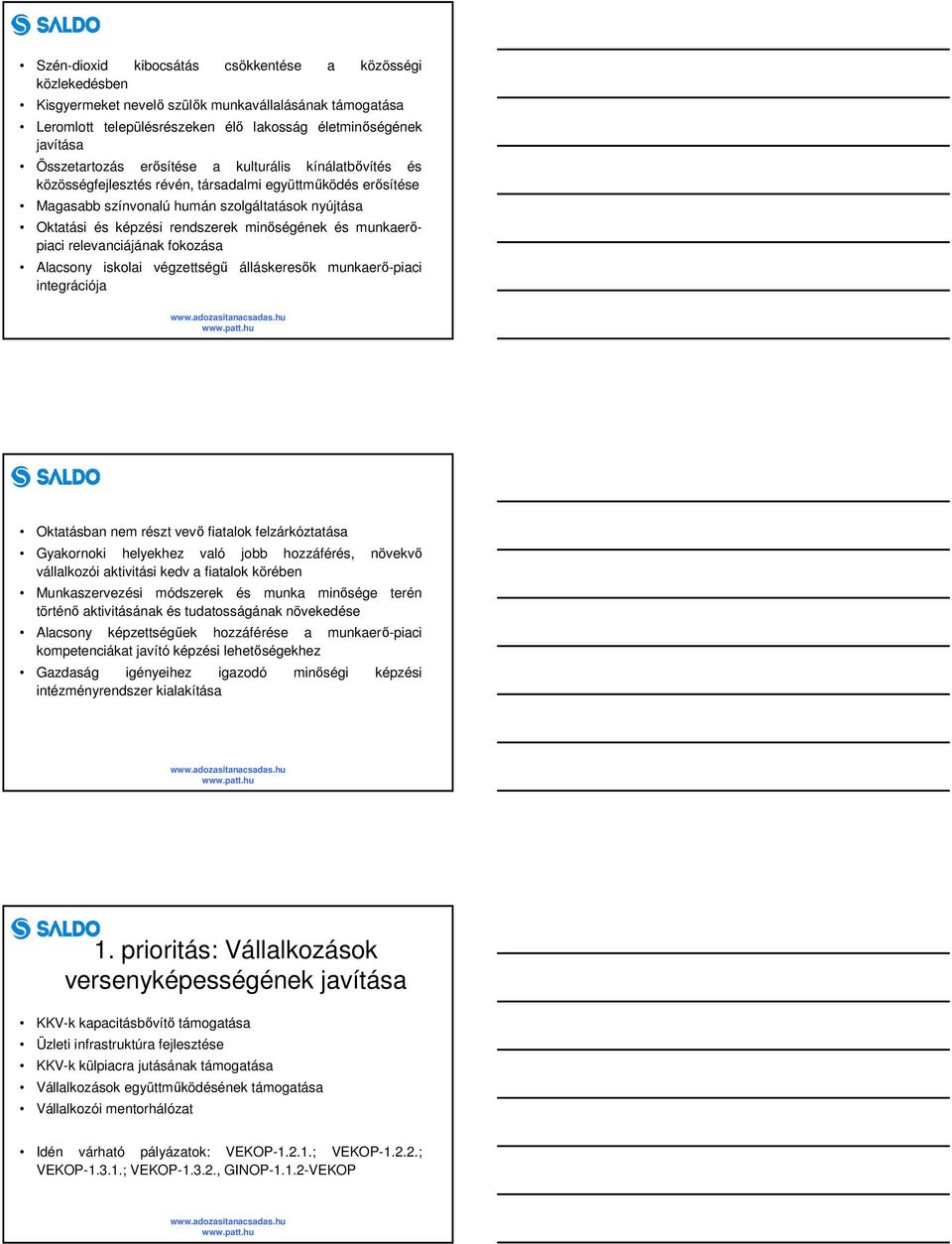 munkaerőpiaci relevanciájának fokozása Alacsony iskolai végzettségű álláskeresők munkaerő-piaci integrációja Oktatásban nem részt vevő fiatalok felzárkóztatása Gyakornoki helyekhez való jobb