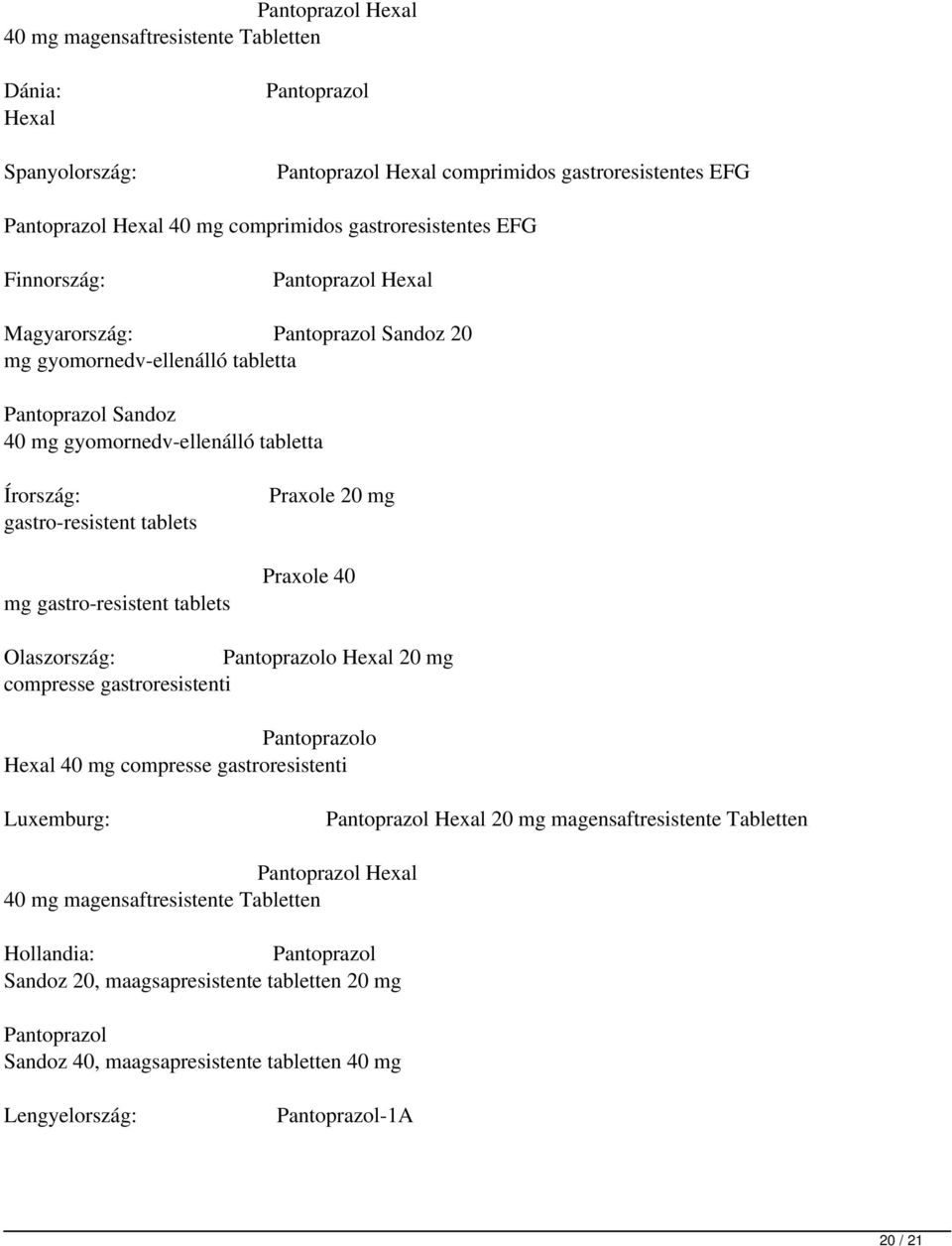 tablets Praxole 40 mg gastro-resistent tablets Olaszország: Pantoprazolo Hexal 20 mg compresse gastroresistenti Pantoprazolo Hexal 40 mg compresse gastroresistenti Luxemburg: Pantoprazol Hexal 20 mg