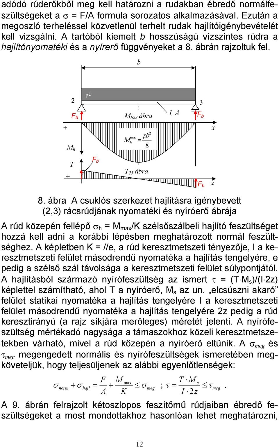 ábr A csuklós szerkezet hlításr igénybevett (,3) rácsrúdánk nyomtéki és nyíróerő ábrá A rúd közepén fellépő σ h = M m /K szélsőszálbeli hlító feszültséget hozzá kell dni korábbi lépésben meghtározott