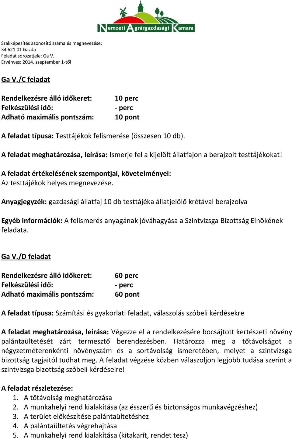 Anyagjegyzék: gazdasági állatfaj 10 db testtájéka állatjelölő krétával berajzolva Egyéb információk: A felismerés anyagának jóváhagyása a Szintvizsga Bizottság Elnökének feladata. Ga V.