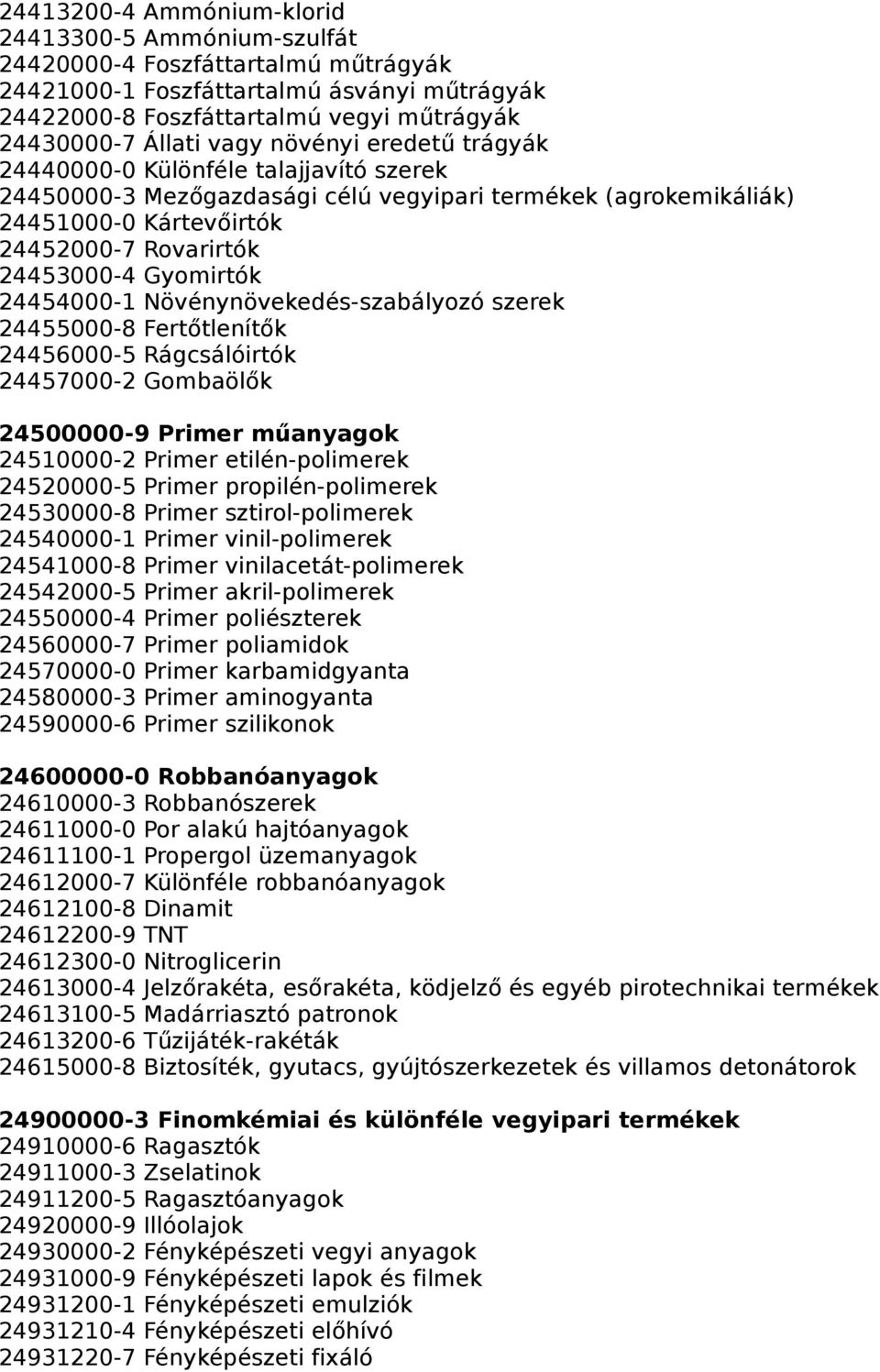 Gyomirtók 24454000-1 Növénynövekedés-szabályozó szerek 24455000-8 Fertőtlenítők 24456000-5 Rágcsálóirtók 24457000-2 Gombaölők 24500000-9 Primer műanyagok 24510000-2 Primer etilén-polimerek 24520000-5