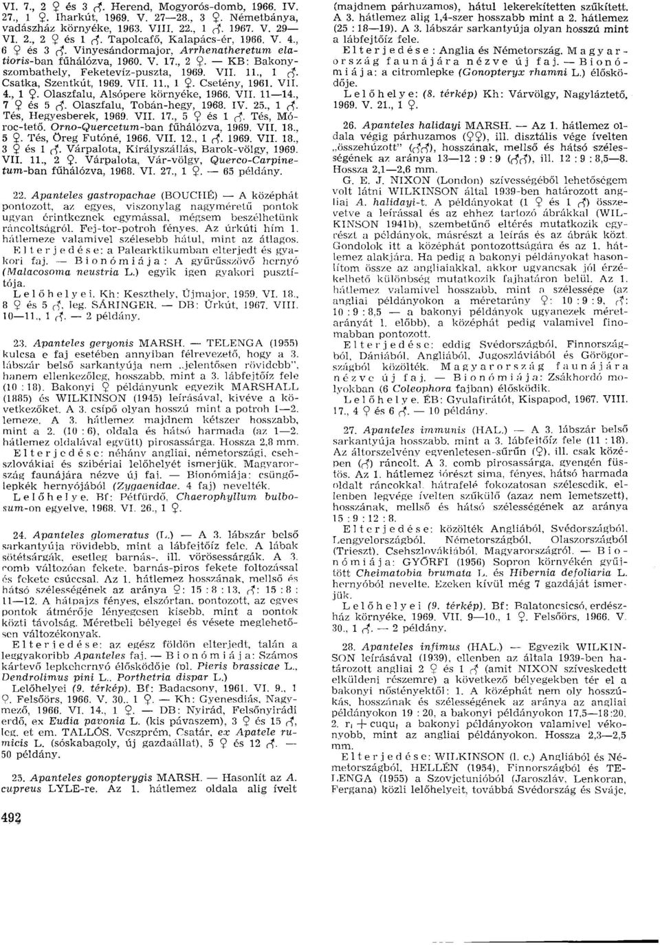 Csatka, Szentkút, 1969. VII. 11., 1 9. Csetény, 1961. VII. 4., 1 9. Olaszfalu, Alsópere környéke, 1966. VII. 11 14., 7 9 és 5 ff. Olaszfalu, Tobán-hegy, 1968. IV. 25., 1 ff. Tés, Hegyesberek, 1969.