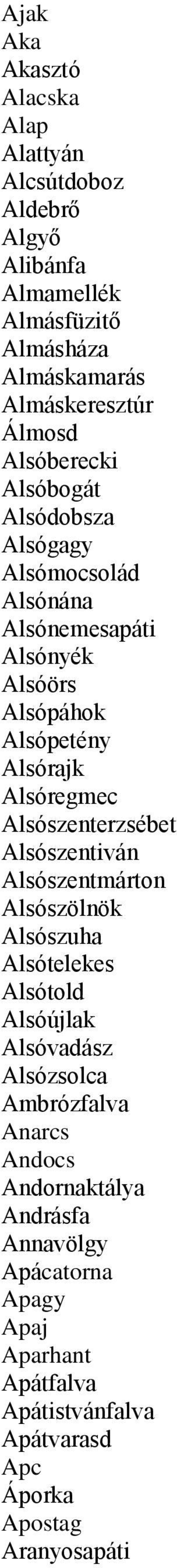 Alsóregmec Alsószenterzsébet Alsószentiván Alsószentmárton Alsószölnök Alsószuha Alsótelekes Alsótold Alsóújlak Alsóvadász Alsózsolca