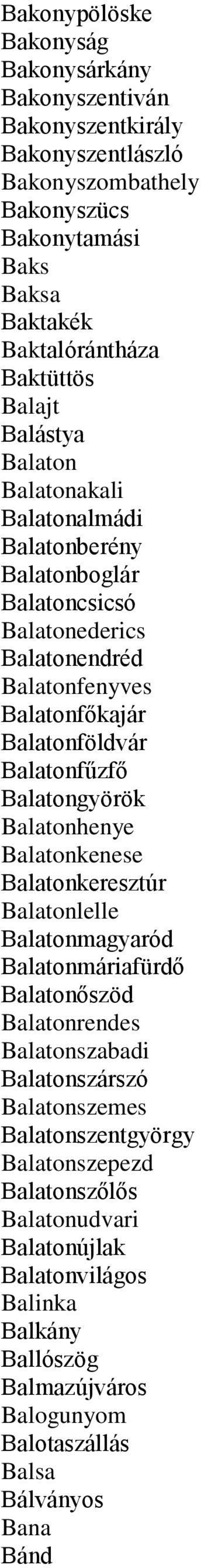 Balatonfűzfő Balatongyörök Balatonhenye Balatonkenese Balatonkeresztúr Balatonlelle Balatonmagyaród Balatonmáriafürdő Balatonőszöd Balatonrendes Balatonszabadi Balatonszárszó