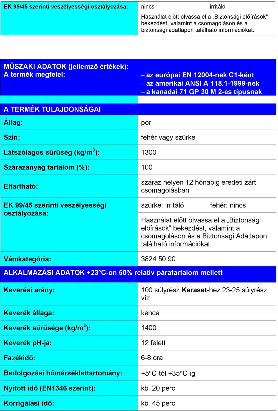 1-1999-nek a kanadai 71 GP 30 M 2-es típusnak A TERMÉK TULAJDONSÁGAI Állag: Szín: por fehér vagy szürke Látszólagos sűrűség (kg/m 3 ): 1300 Szárazanyag tartalom (%): 100 Eltartható: EK 99/45 szerinti