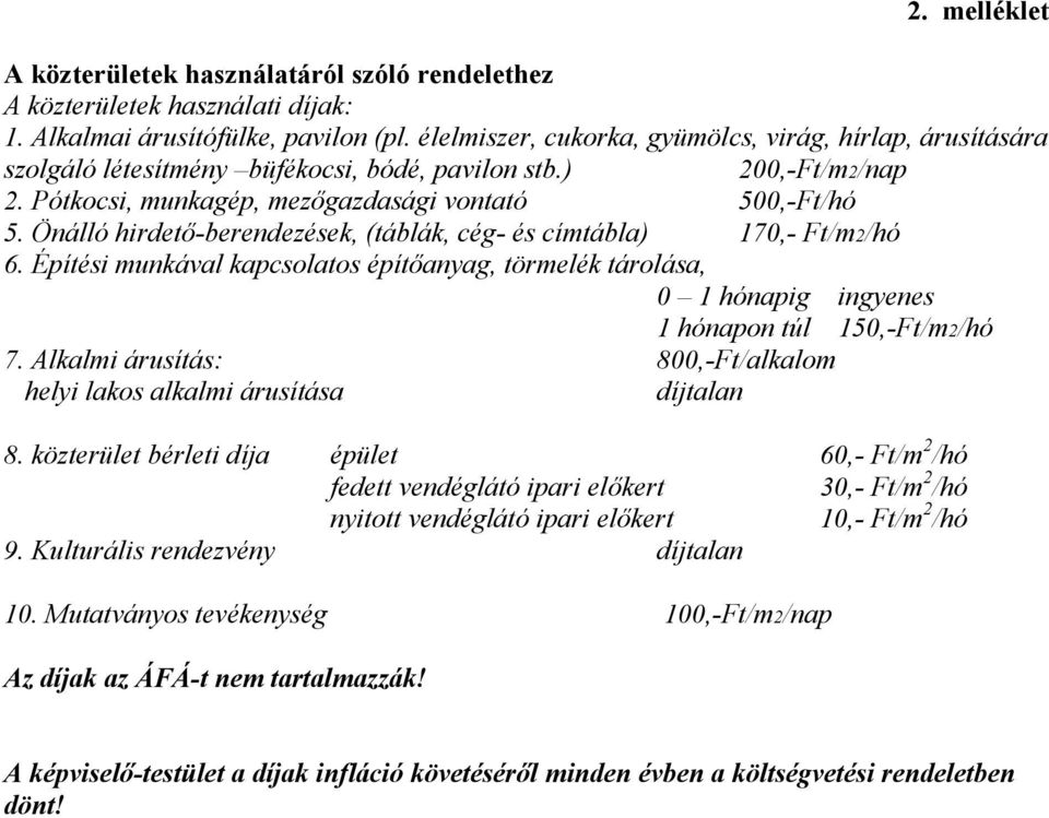 Önálló hirdető-berendezések, (táblák, cég- és címtábla) 170,- Ft/m2/hó 6. Építési munkával kapcsolatos építőanyag, törmelék tárolása, 0 1 hónapig ingyenes 1 hónapon túl 150,-Ft/m2/hó 7.