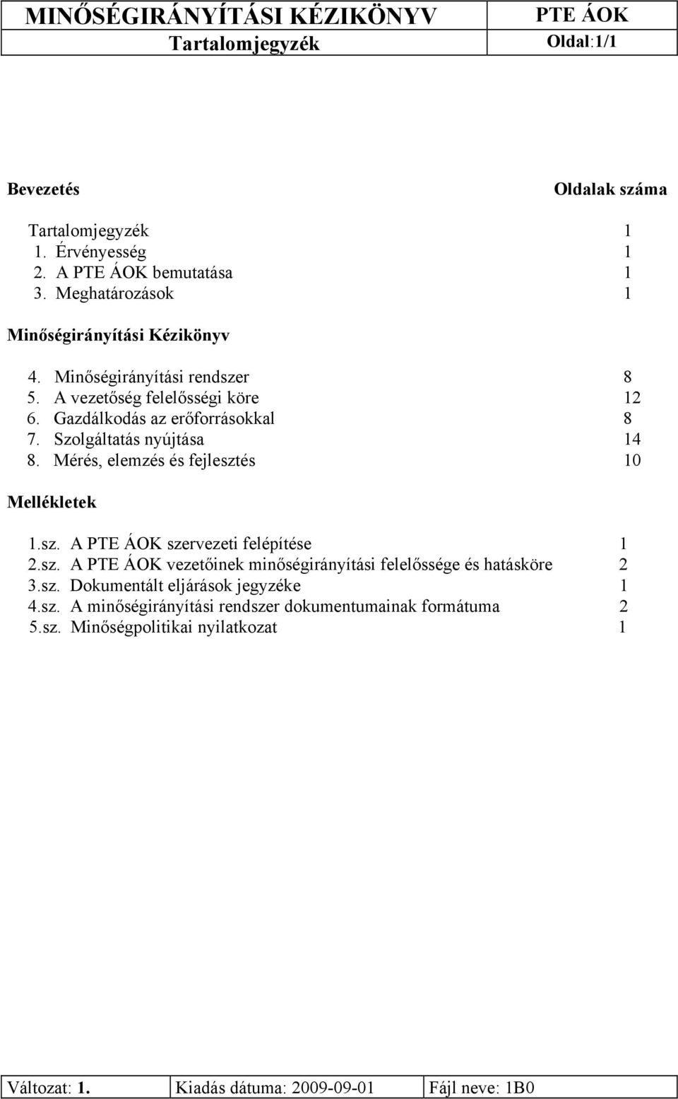Mérés, elemzés és fejlesztés 10 Mellékletek 1.sz. A szervezeti felépítése 1 2.sz. A vezetőinek minőségirányítási felelőssége és hatásköre 2 3.sz. Dokumentált eljárások jegyzéke 1 4.