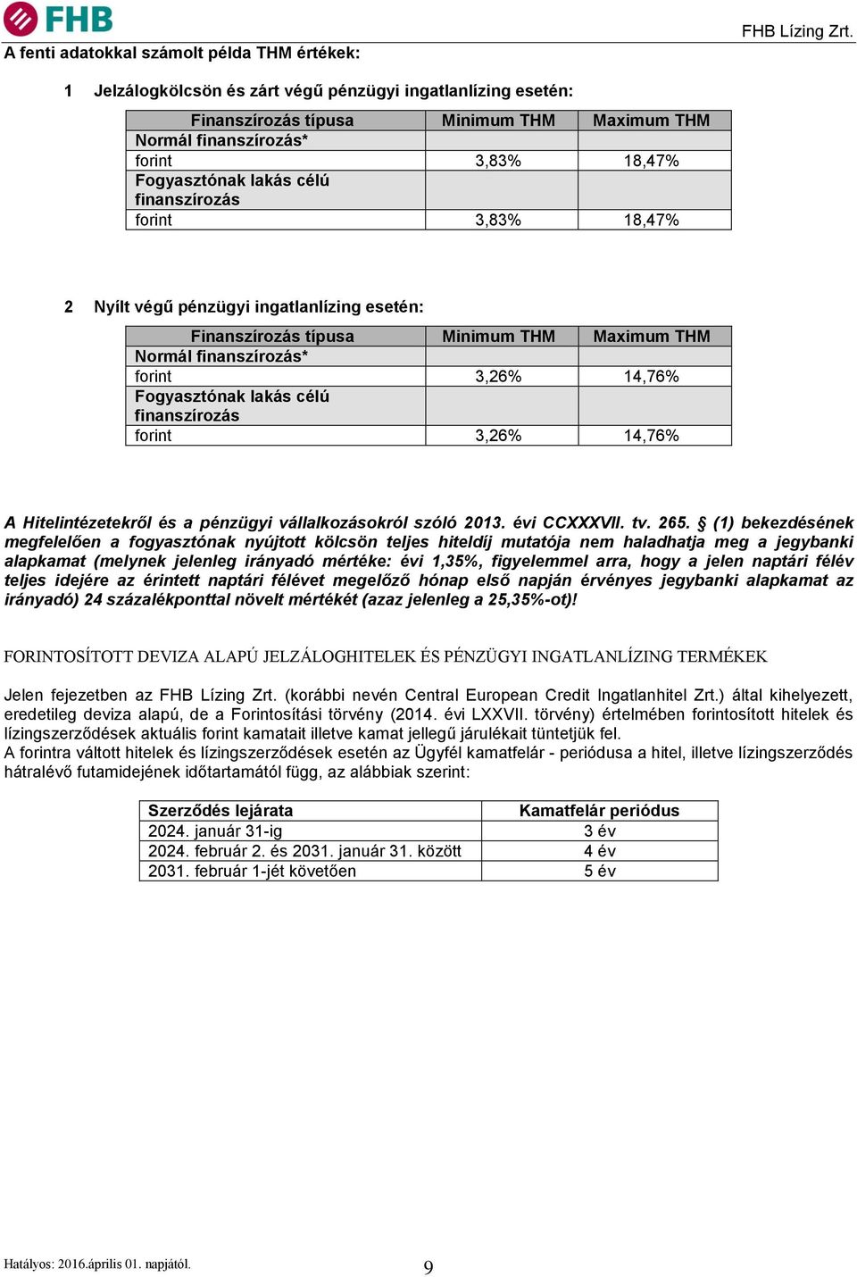 3,83% 18,47% 2 Nyílt végű pénzügyi ingatlanlízing esetén: Finanszírozás típusa Minimum THM Maximum THM Normál finanszírozás* forint 3,26% 14,76% Fogyasztónak lakás célú finanszírozás forint 3,26%