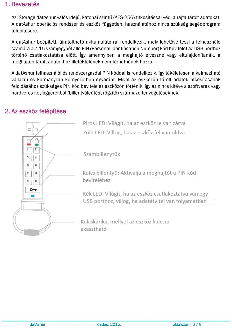 A datashur beépített, újratölthető akkumulátorral rendelkezik, mely lehetővé teszi a felhasználó számára a 7-15 számjegyből álló PIN (Personal Identification Number) kód bevitelét az USB-porthoz