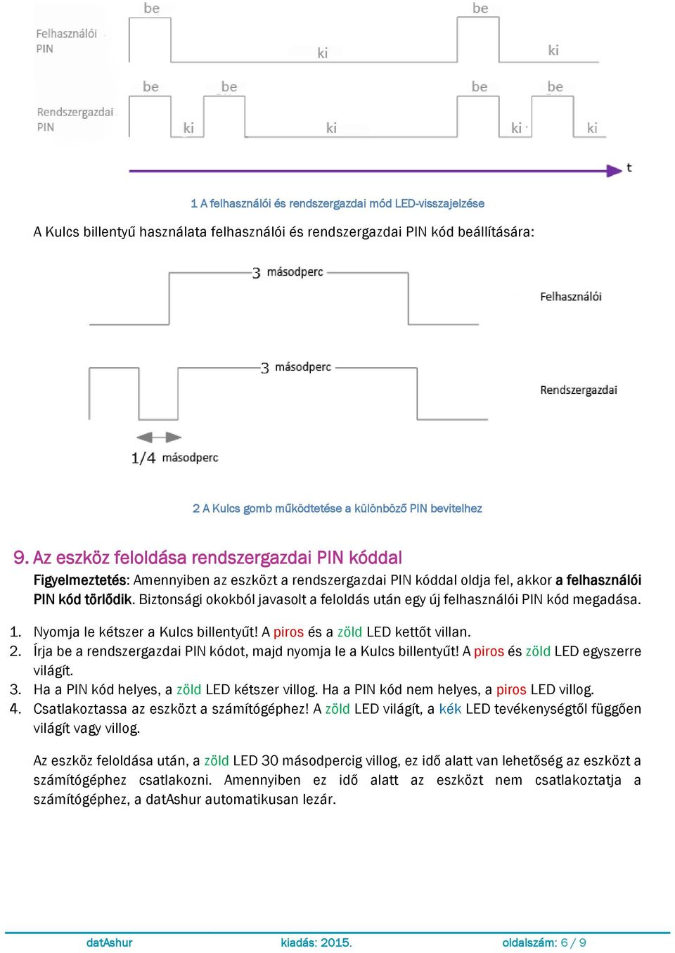 Biztonsági okokból javasolt a feloldás után egy új felhasználói PIN kód megadása. 1. Nyomja le kétszer a Kulcs billentyűt! A piros és a zöld LED kettőt villan. 2.