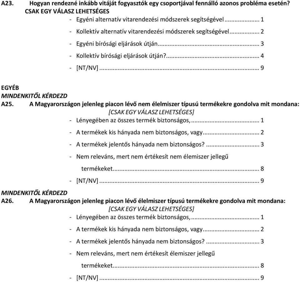 A Magyarországon jelenleg piacon lévő nem élelmiszer típusú termékekre gondolva mit mondana: [CSAK EGY VÁLASZ LEHETSÉGES] Lényegében az összes termék biztonságos,.